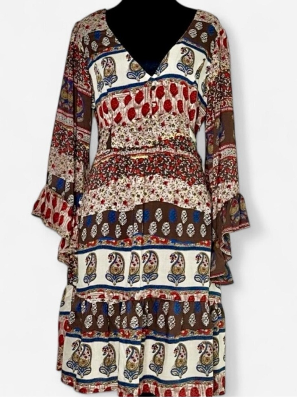 Ophelia for FC Boho Patchwork Paisley Tiered Midi Dress Med 100% Cotton